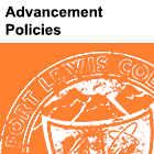Image of partial Fort Lewis College seal with text 'Advancement Policies' above it