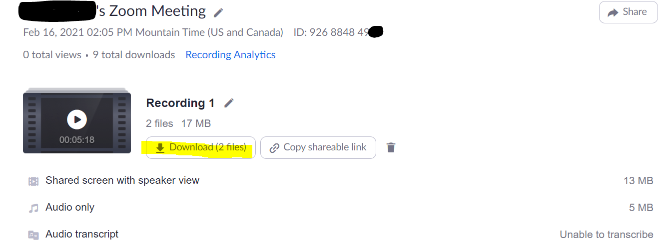 Image of Zoom meetings recordings highlighting the Downl(X files) button