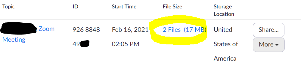 Image of Zoom recording files highlighted for a meeting