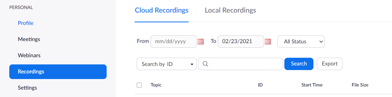 Image of Zoom Recordings in the Personal section