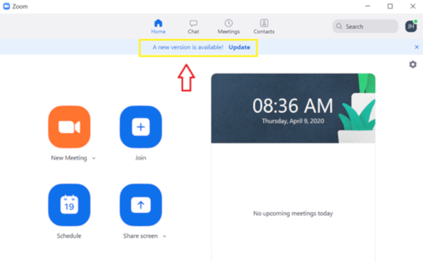 Picture of the Zoom app with the update prompt highlighted